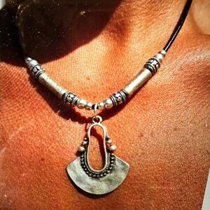 Boho Western Western Cowgirl Leather Cord Silver Pendant, Black Leather Cord, G
